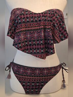 La Vie En Rose Black & Pink Patterned Flounce Bandeau Bikini